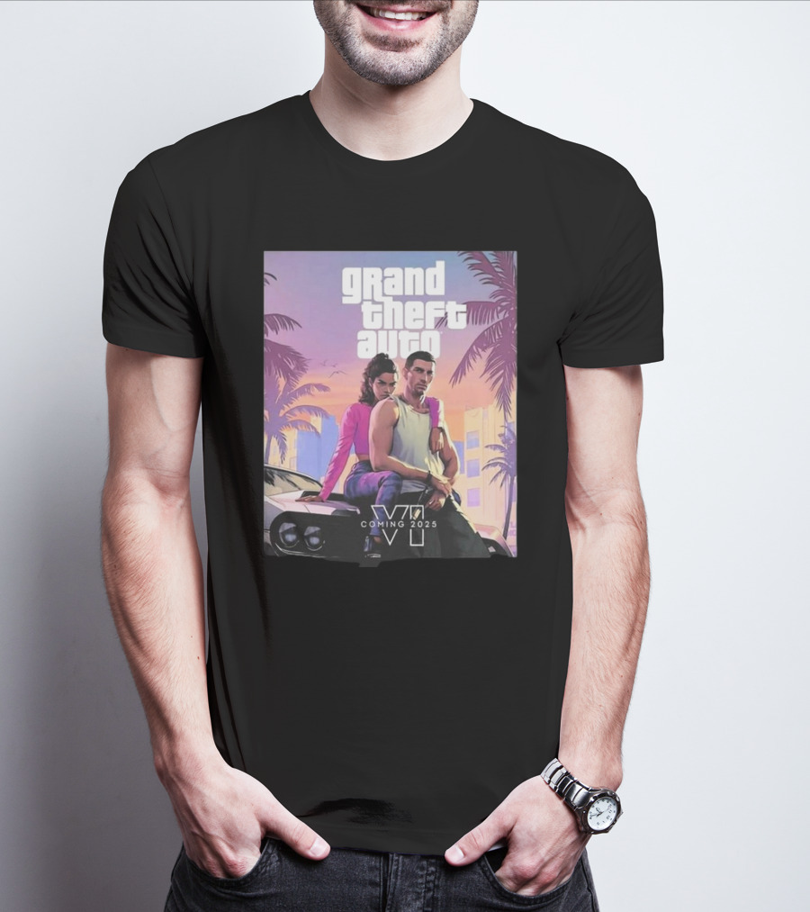 Grand Theft Auto VI Coming 2025 Retro Vice City Vibes Palm Trees Car T-Shirt