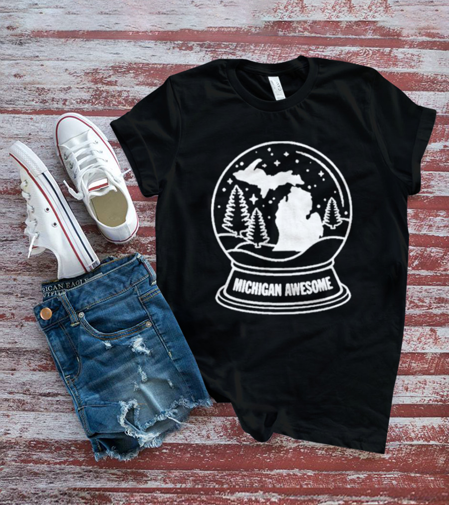 Michigan Awesome Winter Wonderland Snow Globe With Trees And Stars T-Shirt