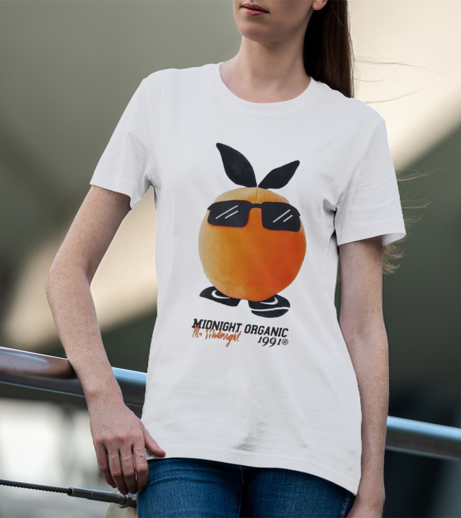 Midnight Organic Mr. Midnight 1991 Orange Character With Sunglasses T-Shirt