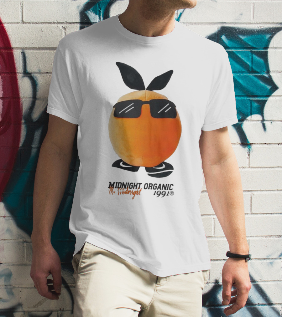 Midnight Organic Mr. Midnight 1991 Orange Character With Sunglasses T-Shirt