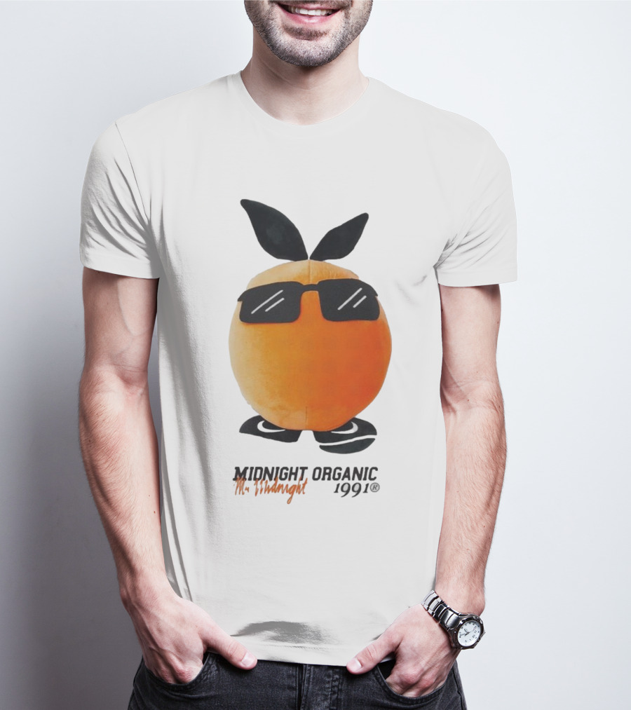 Midnight Organic Mr. Midnight 1991 Orange Character With Sunglasses T-Shirt