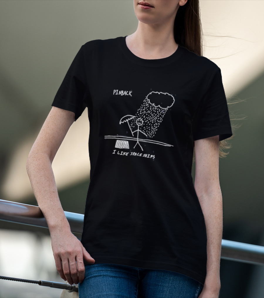 Pinback I Like Spaceships Stick Figure Standing In Rain With Umbrella T-Shirt