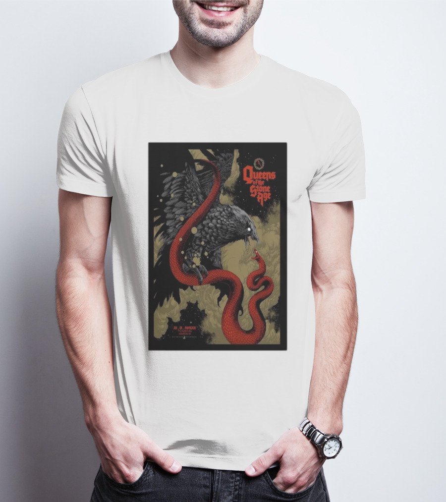 Queens Of The Stone Age R Mederos Art With Red Snake And Black Bird December 9 T-Shirt
