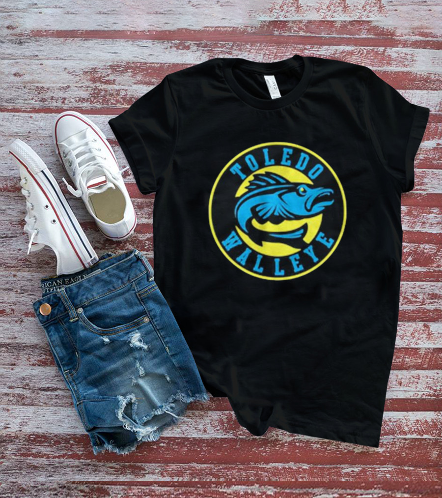 Toledo Walleye Logo Blue Fish Black Yellow Circular Badge T-Shirt