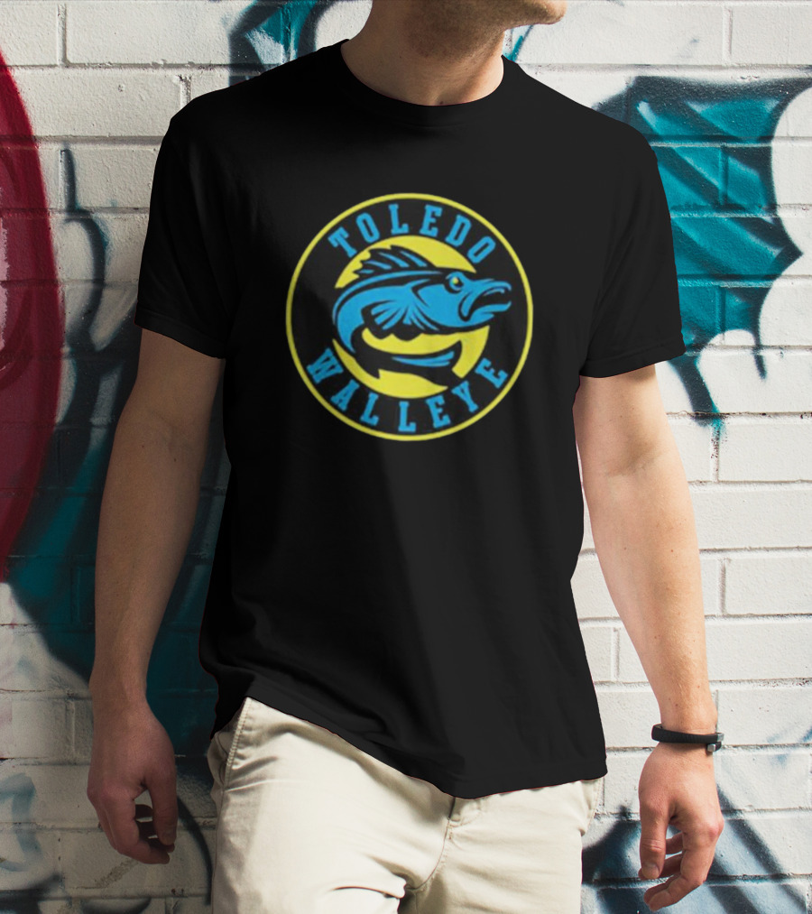Toledo Walleye Logo Blue Fish Black Yellow Circular Badge T-Shirt