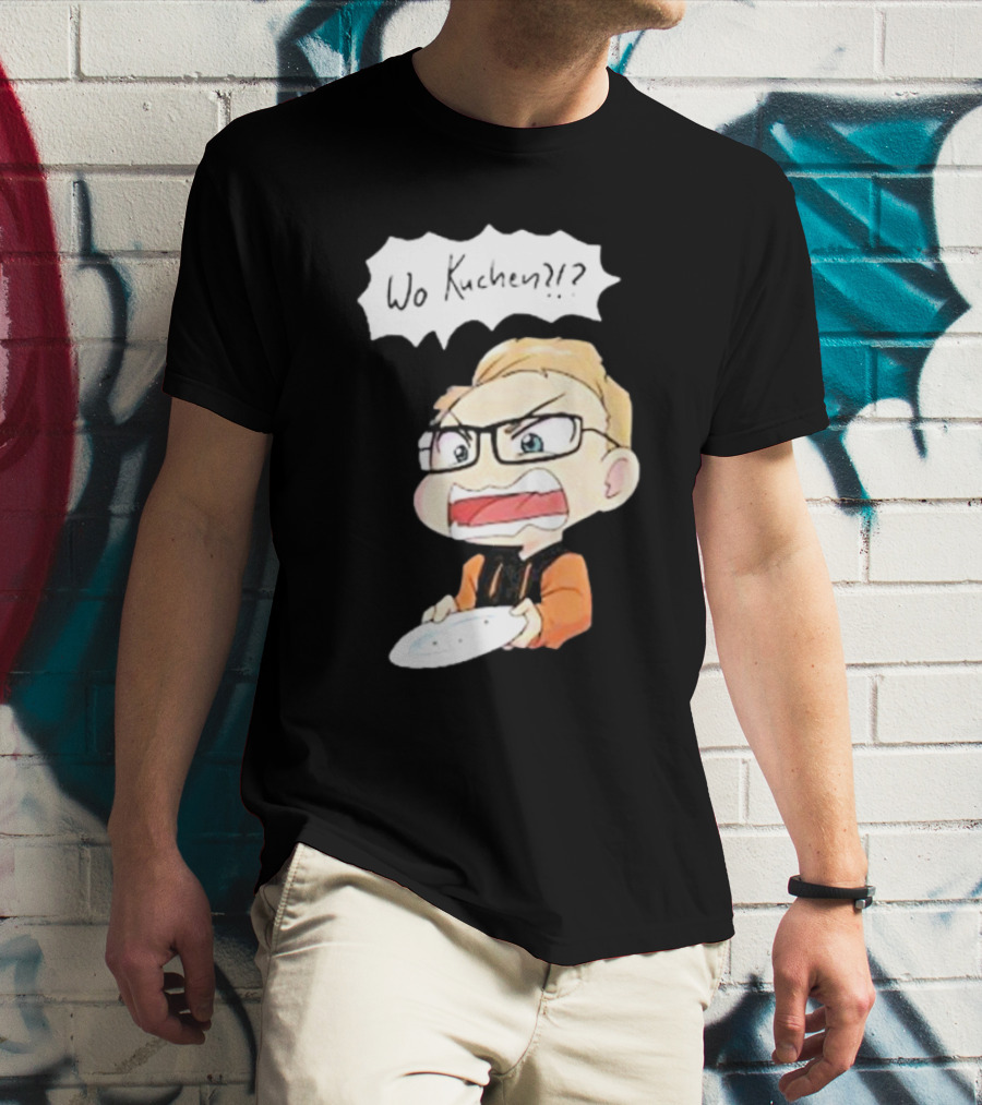 Wo Kuchen?? Cartoon Character With Glasses And Empty Plate T-Shirt
