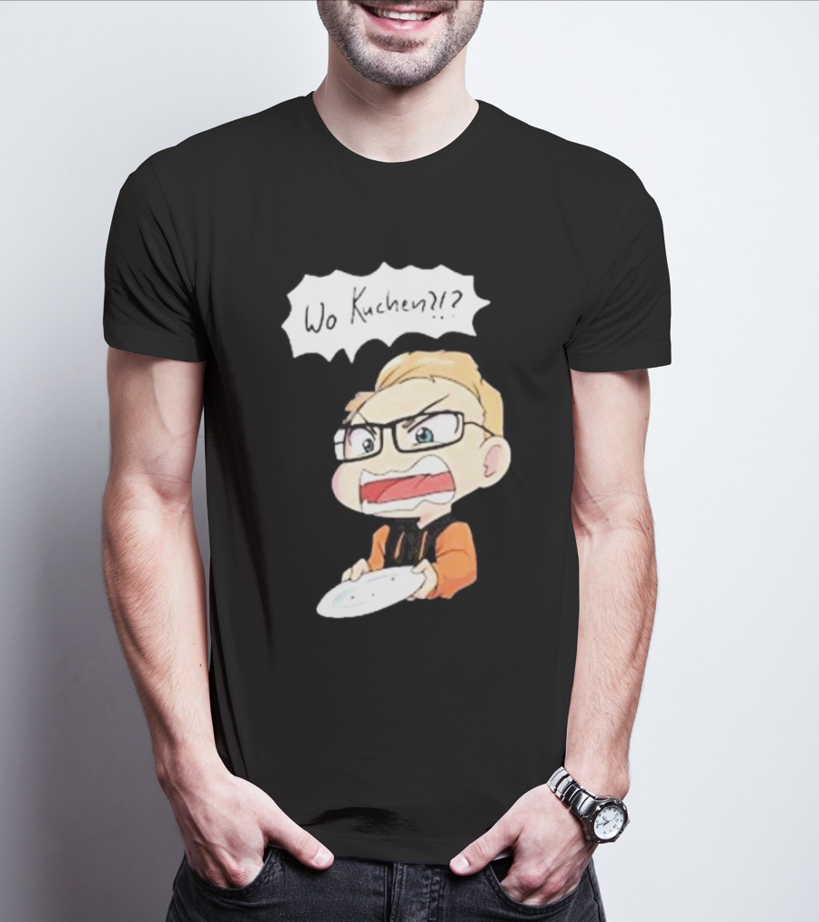 Wo Kuchen?? Cartoon Character With Glasses And Empty Plate T-Shirt