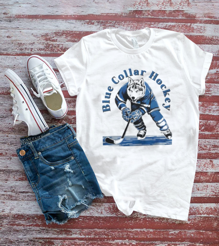 Wolf In Blue Hockey Gear Playing Blue Collar Hockey T-Shirt