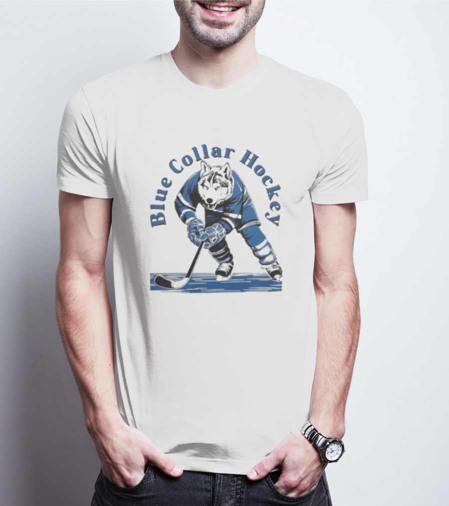Wolf In Blue Hockey Gear Playing Blue Collar Hockey T-Shirt