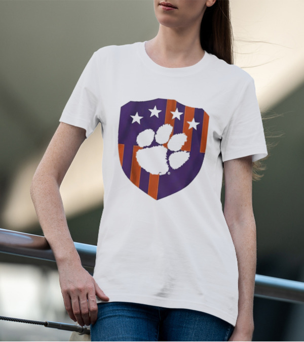 Clemson United Paw Print Shield With Four Stars Orange And Purple T-Shirt
