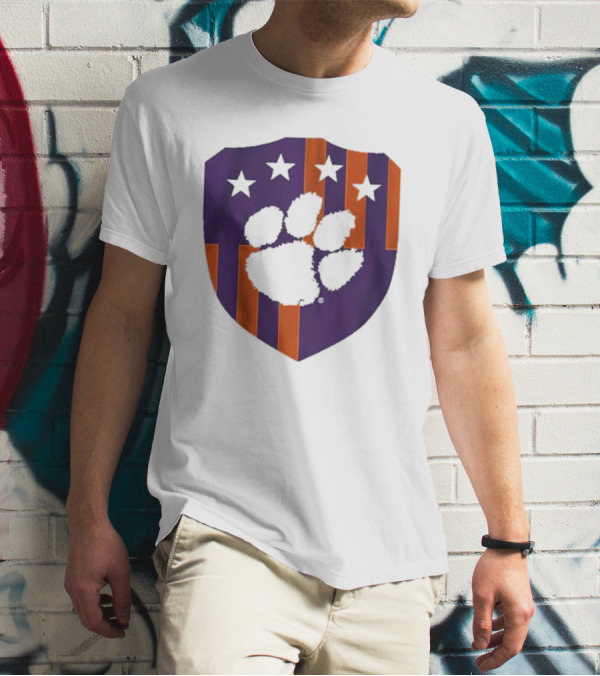 Clemson United Paw Print Shield With Four Stars Orange And Purple T-Shirt