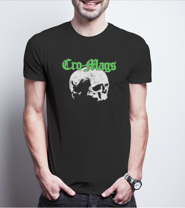 Cro Mags Green Text White Skull T-Shirt