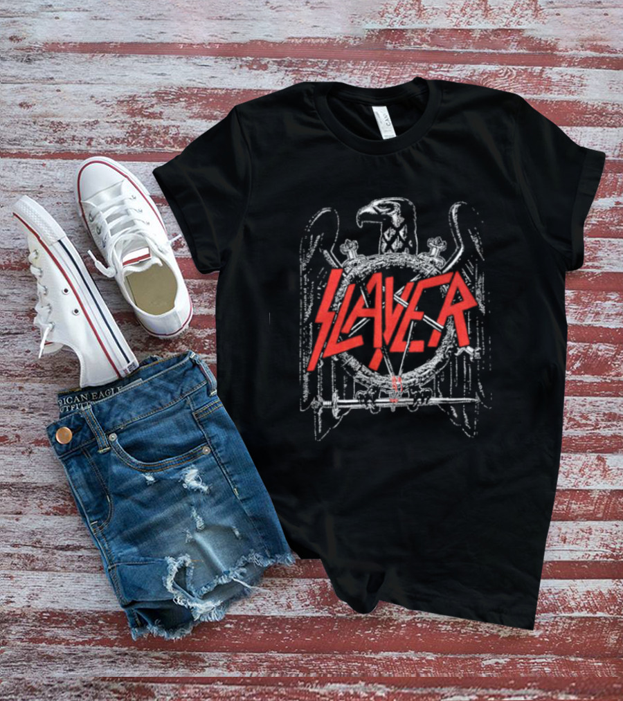 Slayer Black Eagle Logo With Red Text And Crossed Swords T-Shirt