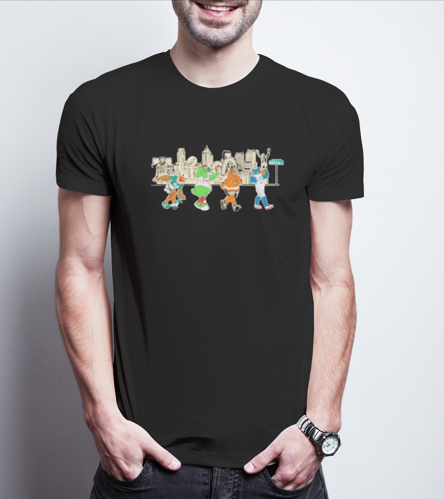 Philly Sports Team Mascot Parade Against City Skyline T-Shirt