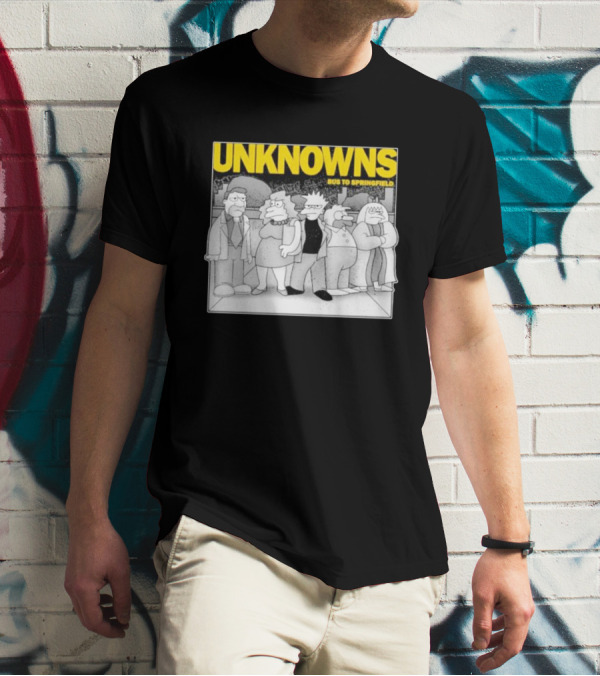 Unknowns Bus To Springfield Cartoon Characters In Black And White Scene T-Shirt