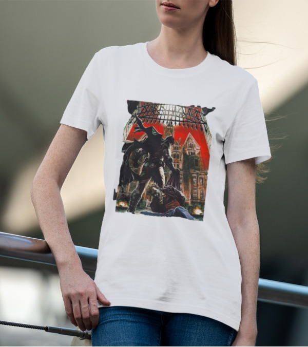 Batman Arkham Asylum Gothic Gate Dynamic Red Background Scene T-Shirt