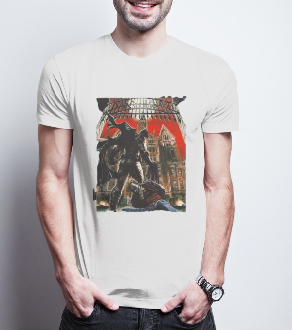 Batman Arkham Asylum Gothic Gate Dynamic Red Background Scene T-Shirt