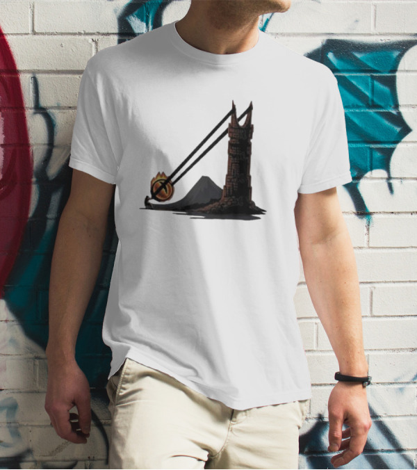 Dark Slingshot Eye Tower With Mountain In Background T-Shirt
