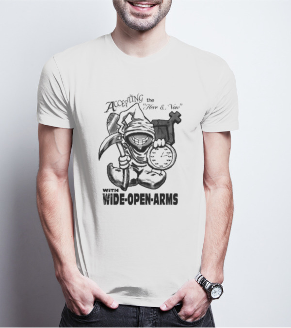 Accepting The Here And Now With Wide Open Arms Grim Reaper Holding Clock And Scythe T-Shirt