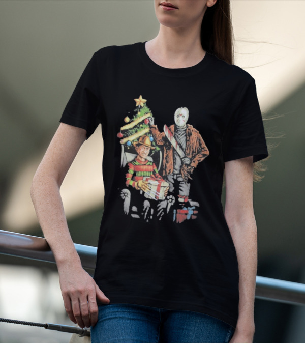 Jason Voorhees Freddy Krueger Christmas Horror Icons Holiday Scene T-Shirt