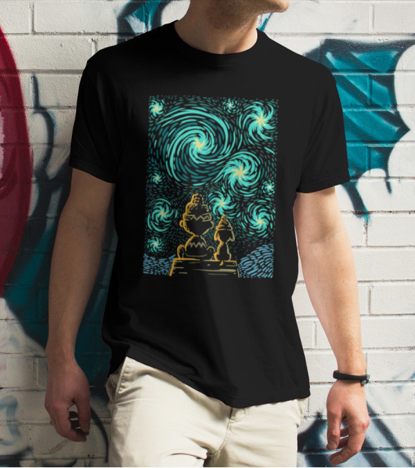 Peanuts Snoopy And Charlie Brown Starry Winter Night Scene T-Shirt