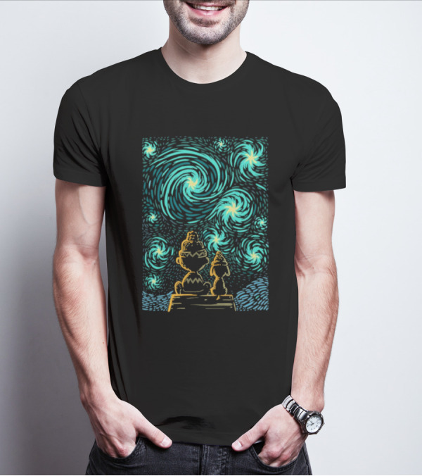 Peanuts Snoopy And Charlie Brown Starry Winter Night Scene T-Shirt