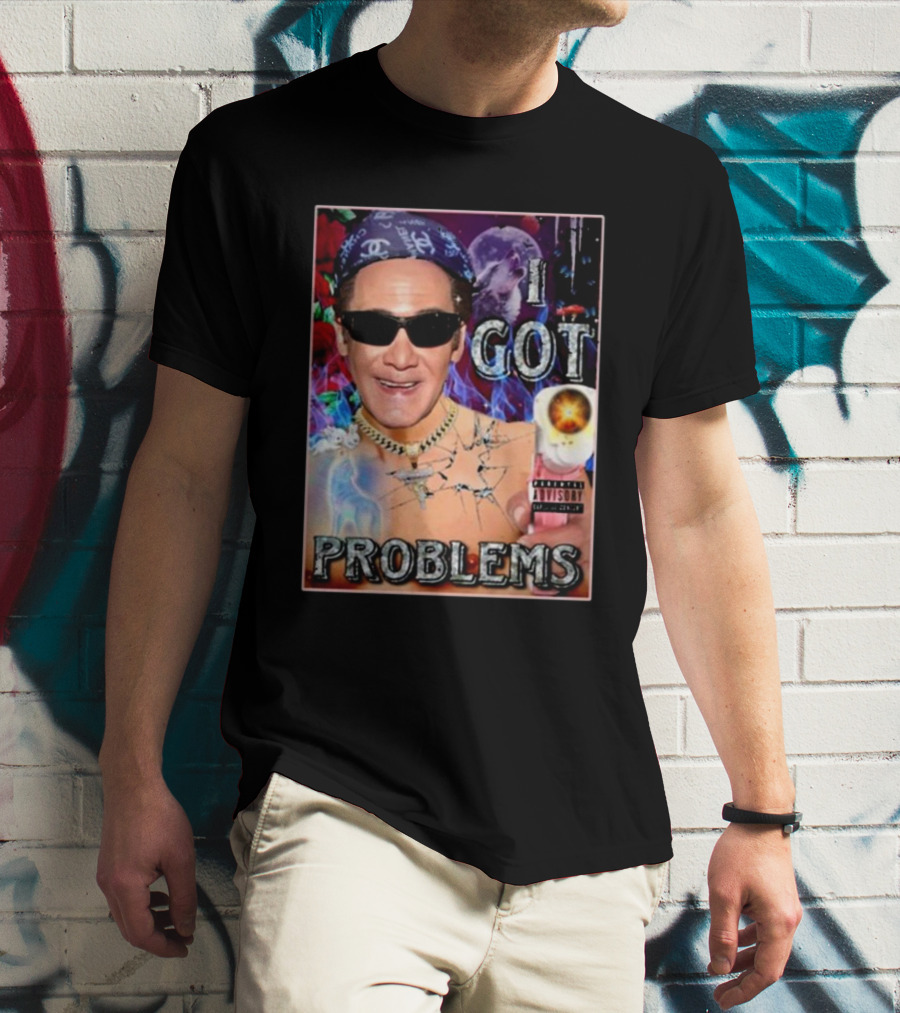 The Jersey Outlaw I Got Problems Colorful Portrait With Sunglasses And Explosive Background T-Shirt