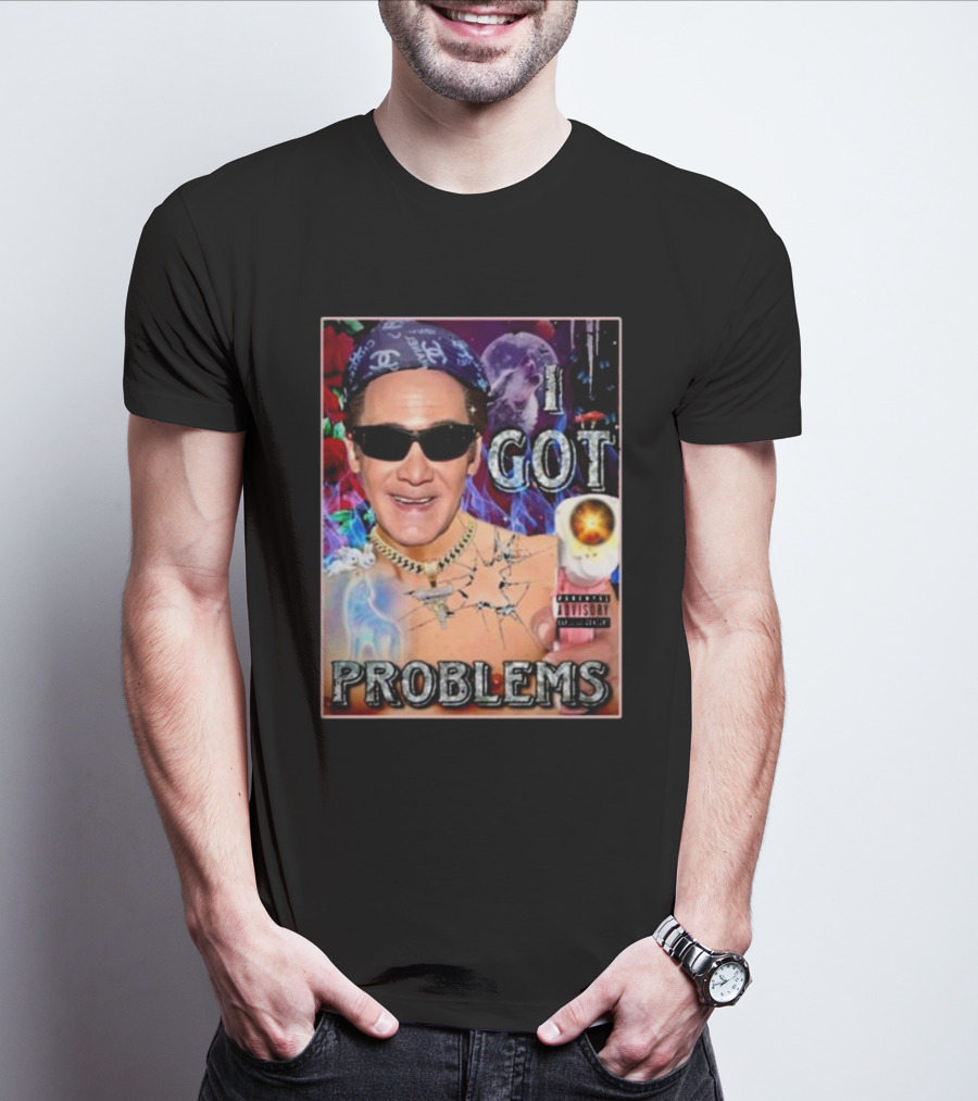 The Jersey Outlaw I Got Problems Colorful Portrait With Sunglasses And Explosive Background T-Shirt