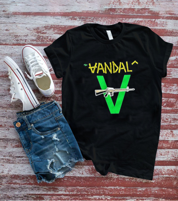 The Vandals Yellow Text Green V Rifle Image T-Shirt