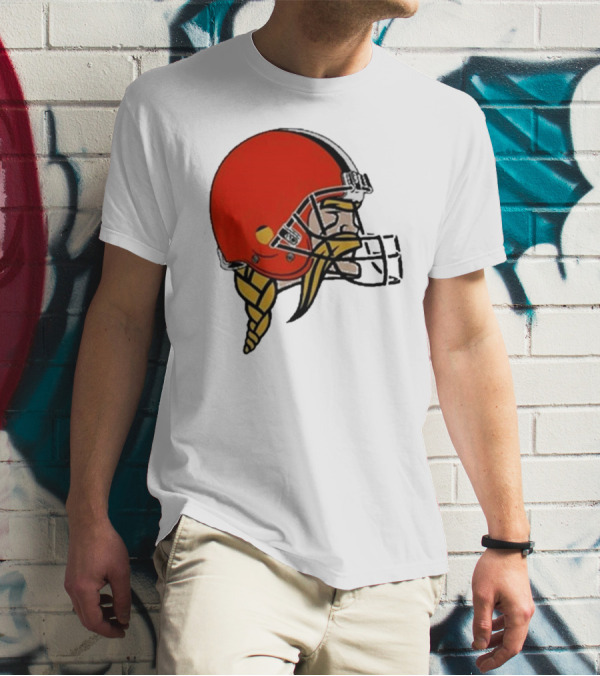 Quality Jay Cuda Browns Vikings Dual Logo Helmet T-Shirt