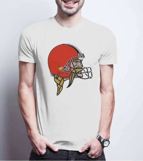 Quality Jay Cuda Browns Vikings Dual Logo Helmet T-Shirt