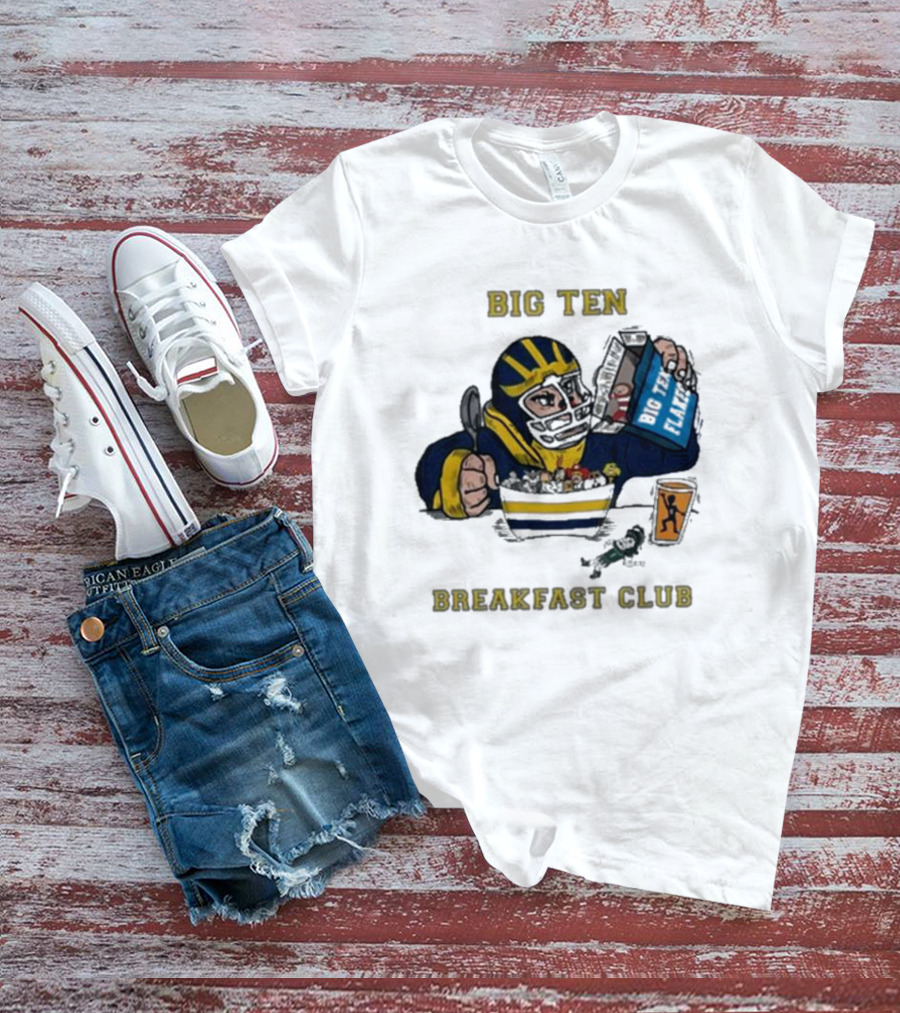 Big Ten Breakfast Club Michigan Wolverines Player Eating Cereal With Blue Box And Orange Cup T-Shirt