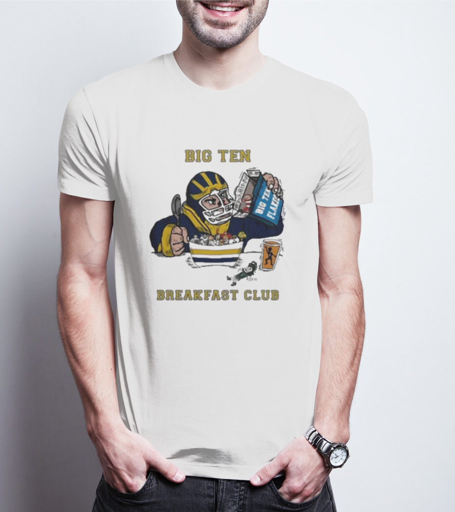 Big Ten Breakfast Club Michigan Wolverines Player Eating Cereal With Blue Box And Orange Cup T-Shirt