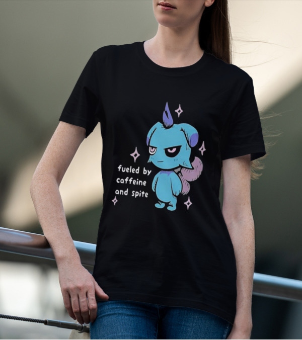Palworld Fueled By Caffeine And Spite Blue Creature With Pink Stars T-Shirt