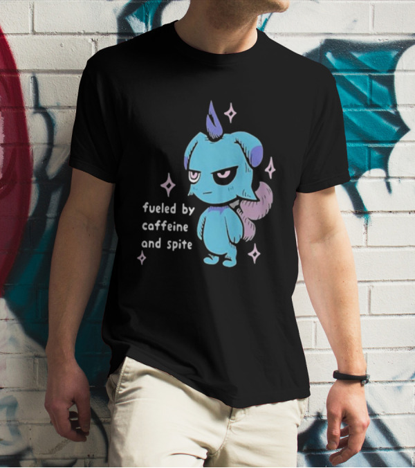 Palworld Fueled By Caffeine And Spite Blue Creature With Pink Stars T-Shirt