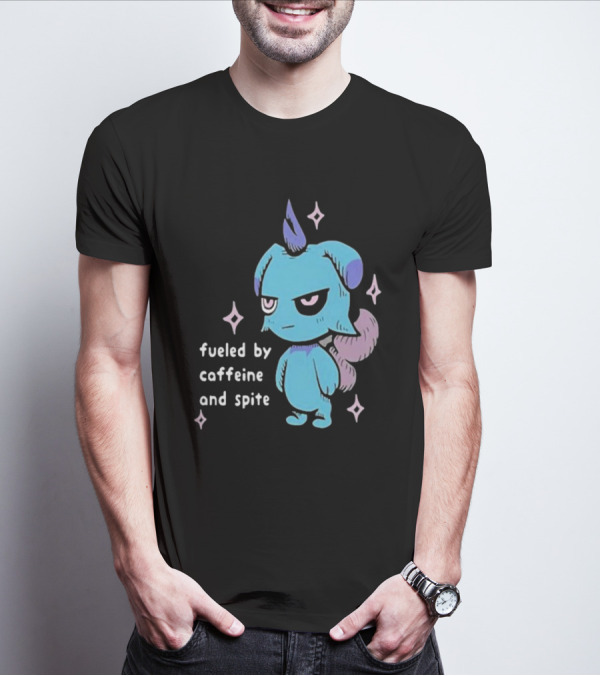 Palworld Fueled By Caffeine And Spite Blue Creature With Pink Stars T-Shirt