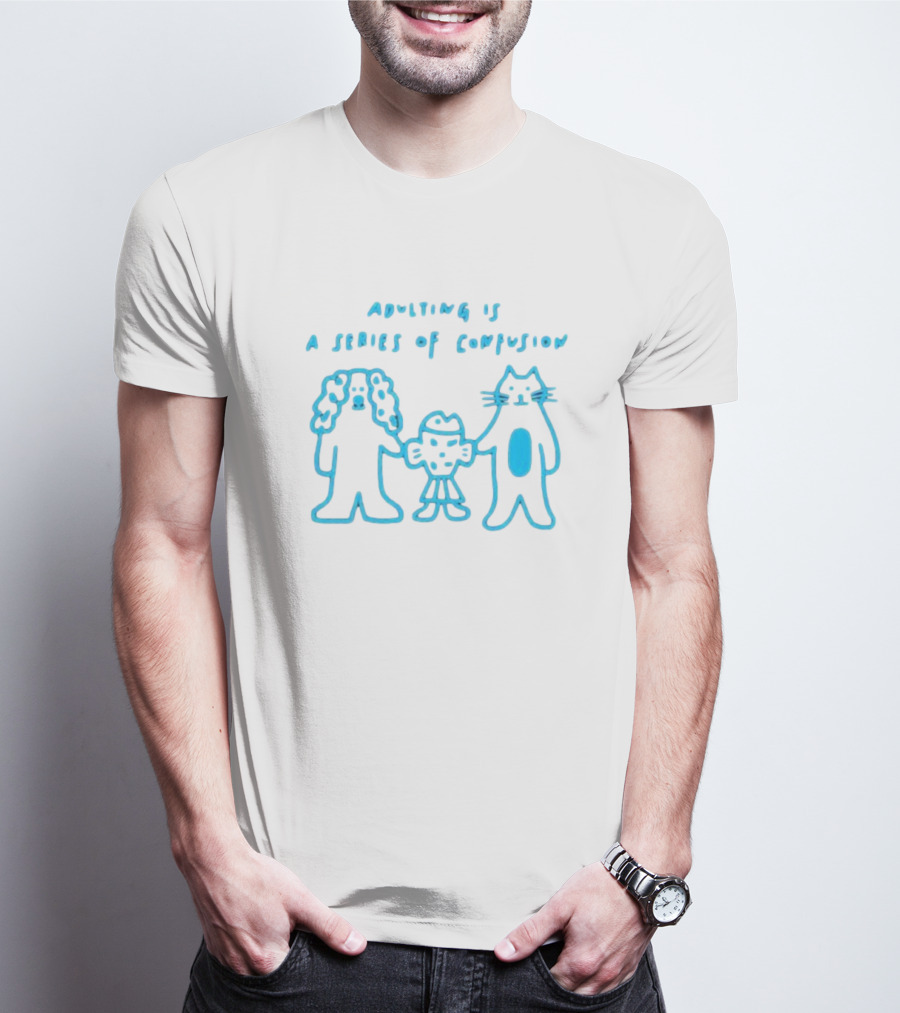 Adulting Is A Series Of Confusion With Bear, Fish, And Cat Characters T-Shirt
