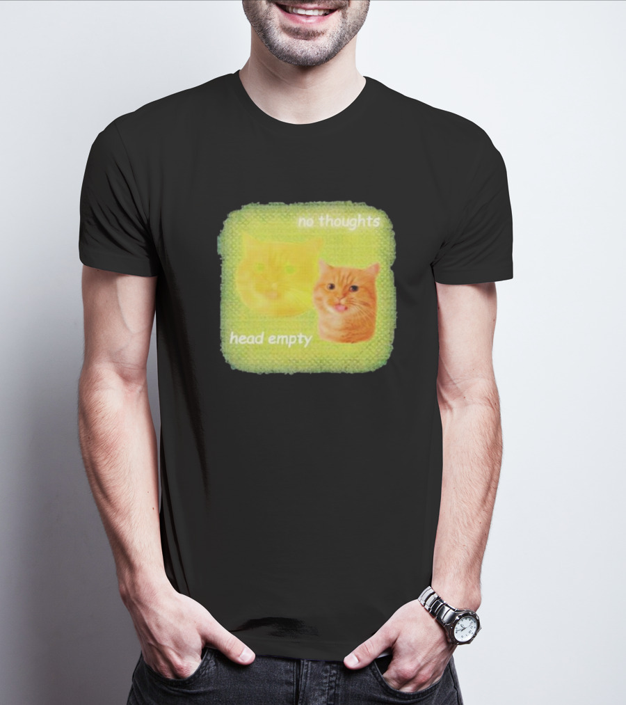 No Thoughts Head Empty Cat Meme Green Background T-Shirt