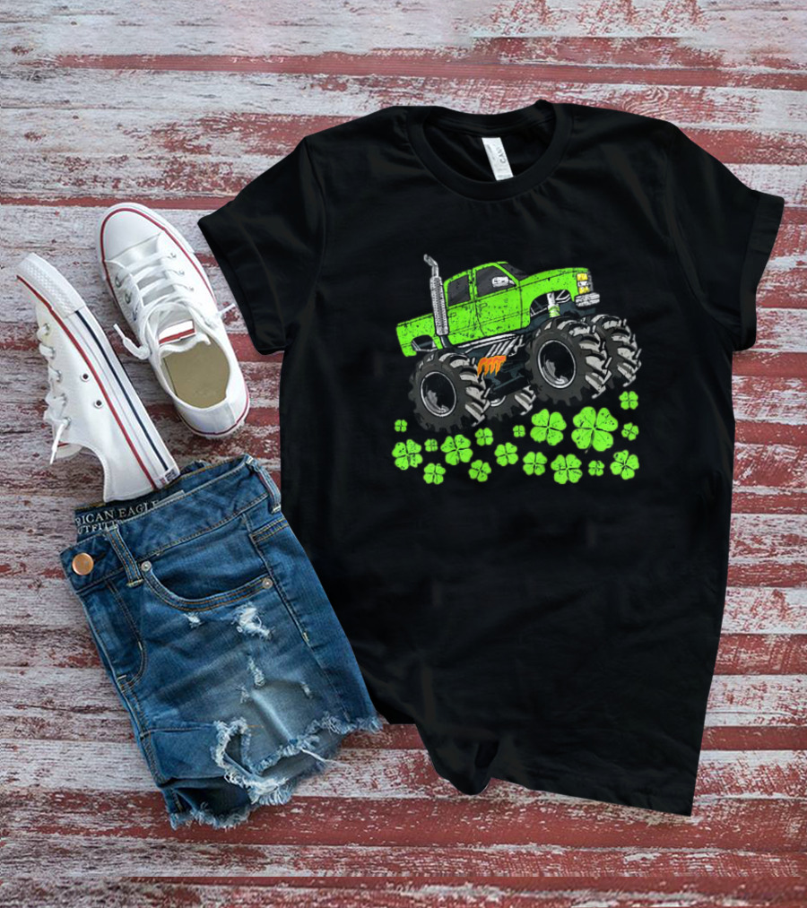 Kids Boys St Patricks Day Toddler Lucky Green Monster Truck With Shamrocks T-Shirt