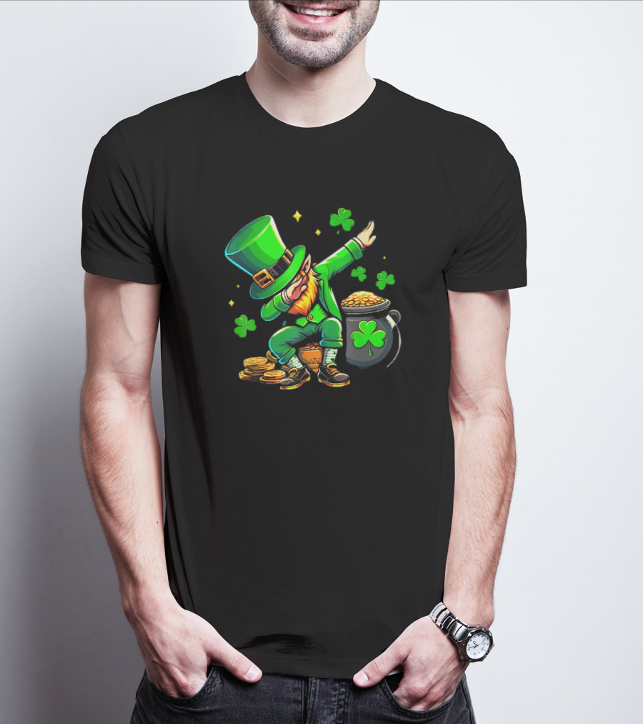 St Patricks Day Dabbing Leprechaun With Pot Of Gold And Shamrocks T-Shirt