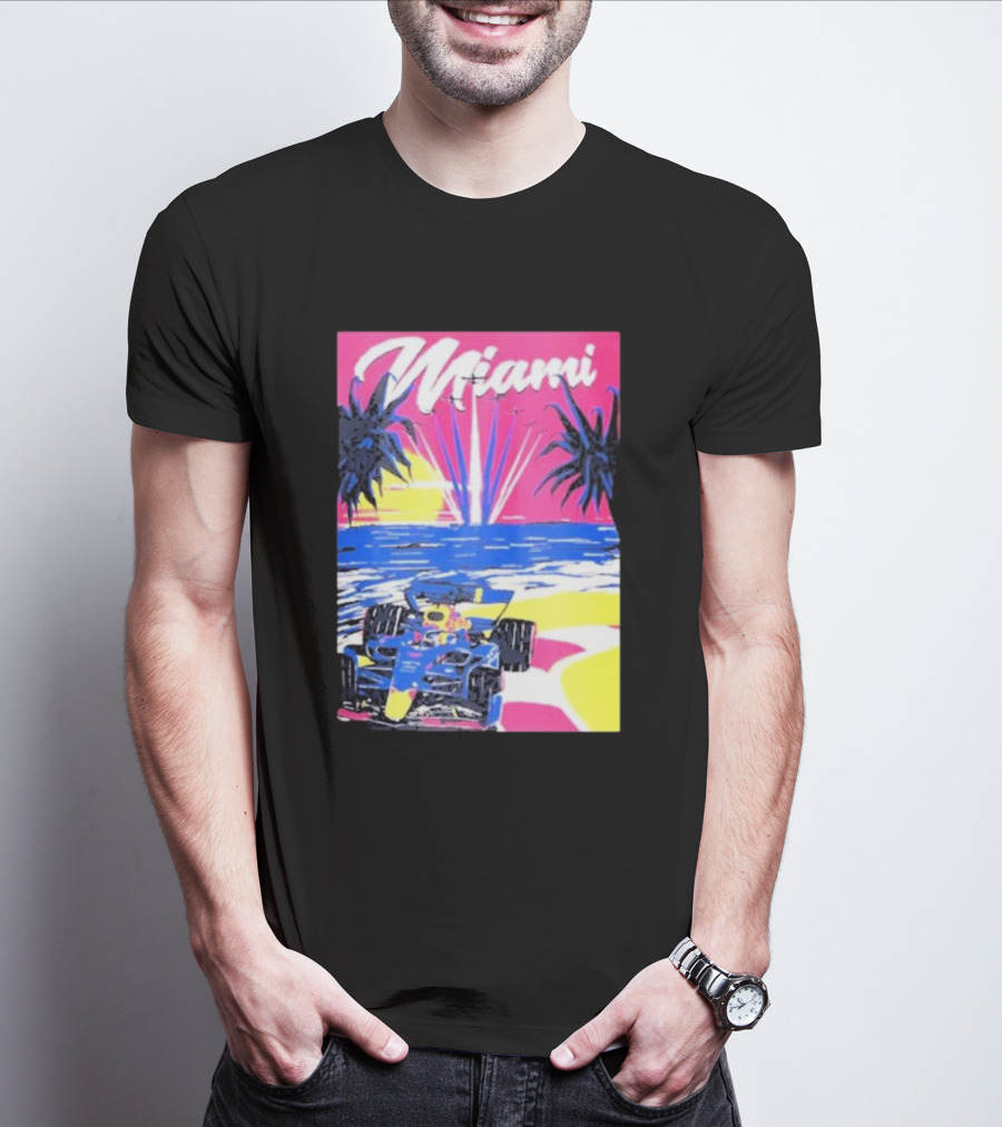 Max Verstappen Formula 1 Miami Sunset Palms Racing Scene T-Shirt