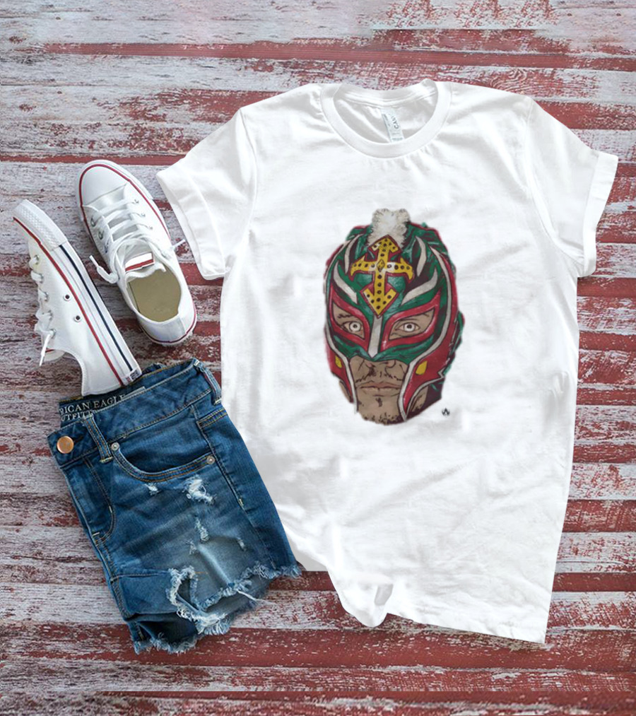 Men's Black Rey Mysterio Mask Face With Colorful Wrestling Headdress And Cross T-Shirt
