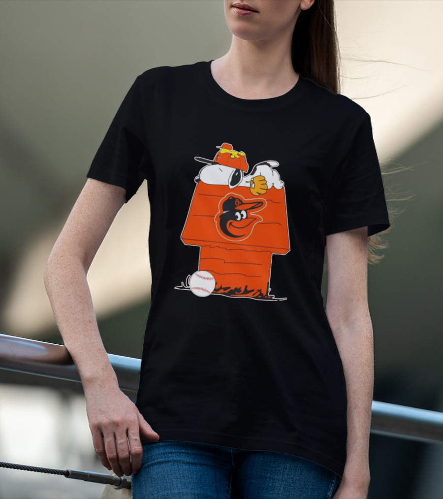 Snoopy And Woodstock Sleeping On Baltimore Orioles Themed Doghouse With Baseball T-Shirt