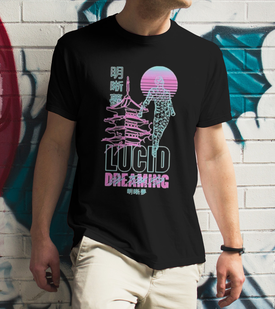 Lucid Dreaming Tokyo Japan Neon Pagoda And Wireframe Figure T-Shirt