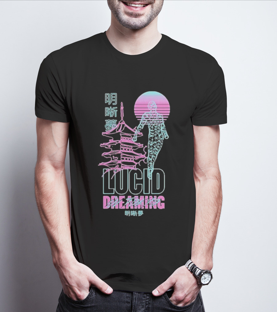 Lucid Dreaming Tokyo Japan Neon Pagoda And Wireframe Figure T-Shirt
