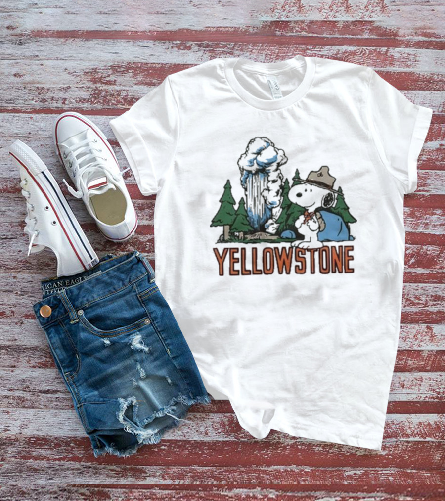 Peanuts Snoopy Yellowstone Camping Scene With Geyser And Forest T-Shirt