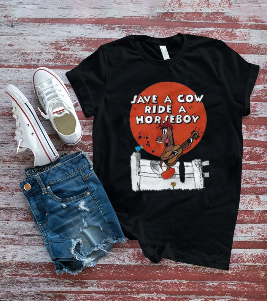 Save A Cow Ride A Horseboy Cartoon Horse Playing Guitar T-Shirt