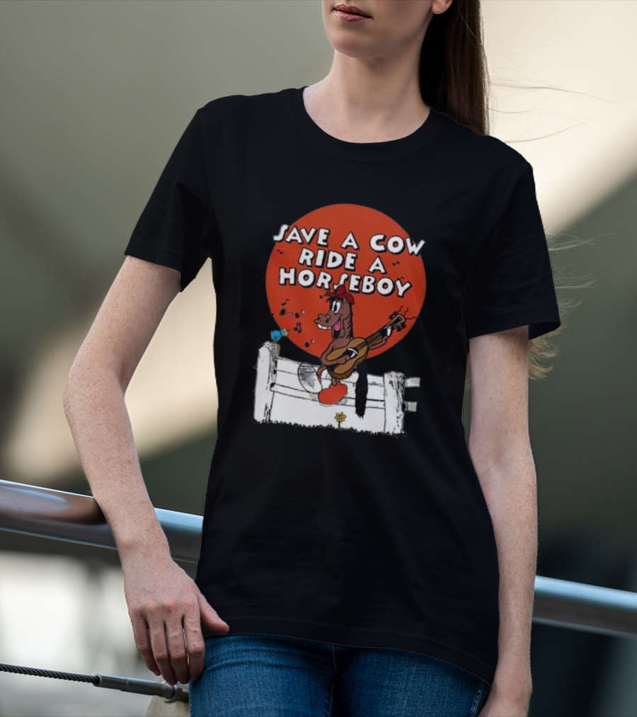 Save A Cow Ride A Horseboy Cartoon Horse Playing Guitar T-Shirt