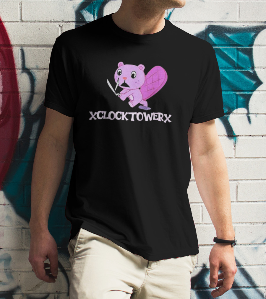 XCLOCKTOWERX Running With Scissors Pink Cartoon Beaver T-Shirt