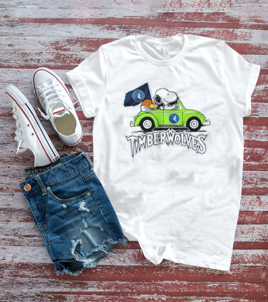 Minnesota Timberwolves Snoopy Forever Fan Driving Car With Timberwolves Flag T-Shirt